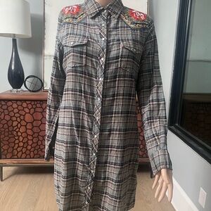 Johnny Was Gray Plaid Shirt Dress with Embroidery